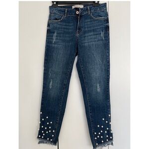 Zara Women's Dark Blue Distressed Pearl-Trim Jeans size 6